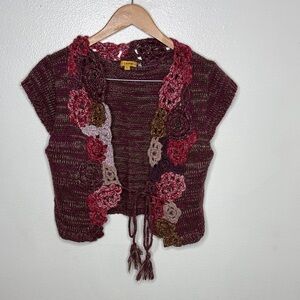 Lulumari Red Purple Floral Wool Knit Tie Vest Women Size L